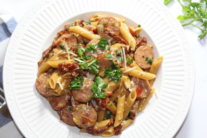 One Pot Smoked Sausage & Sun-Dried Tomato Pasta - Forks 'n' Flip Flops