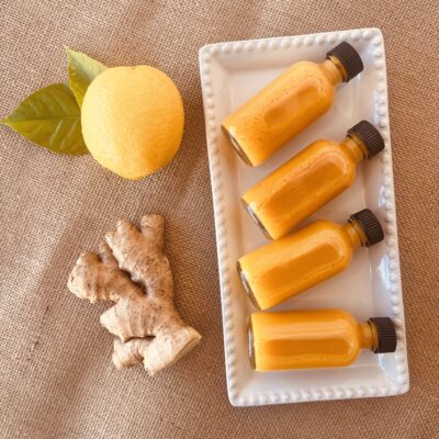 Ginger shots in 2 ounce glass containers.